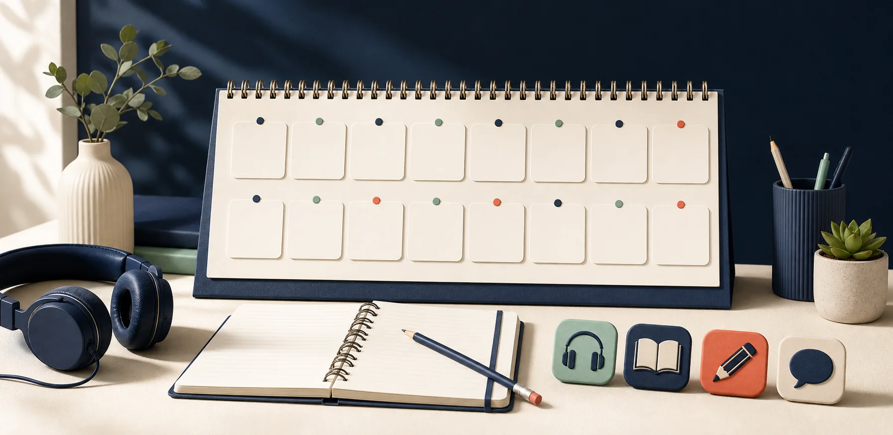 A focused study desk with a calendar, headphones and learning materials
